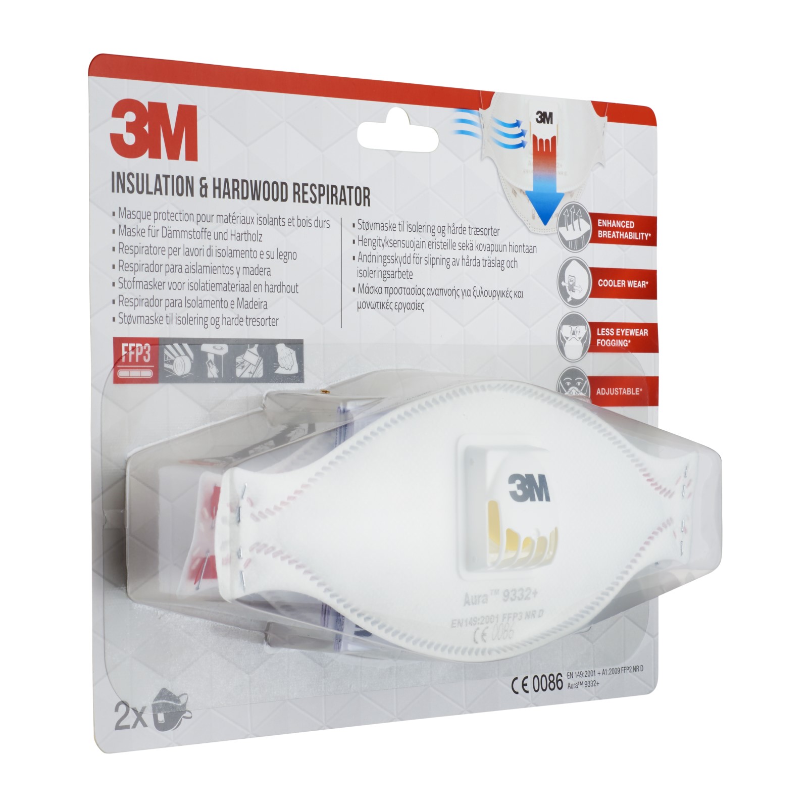3M™ Aura™ Maske für Dämmstoffe und Hartholz 9332+, FFP3, mit Ventil, 2 pro Packung