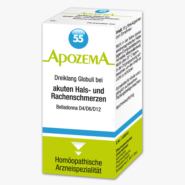 Apozema Dreiklang Globuli bei akuten Hals- und Rachenschmerzen Nr. 55 (Belladonna D4/D6/D12)